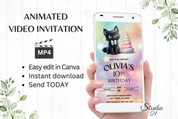 Download Cute Black Cat Birthday Invitation - Invitation Collection