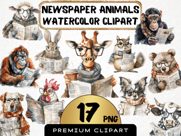 Download Watercolor Animals Reading Newspaper - Watercolor animals Collection