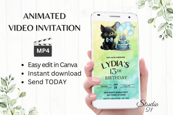 Download Cute Black Cat Birthday Invitation - Invitation Collection