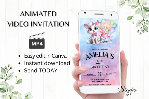 Download Digital Cute Cat Birthday Invitation - Invitation Collection
