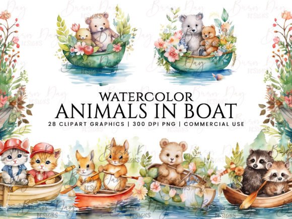 Download Watercolor Animals in Boat Clipart - Premium Resources