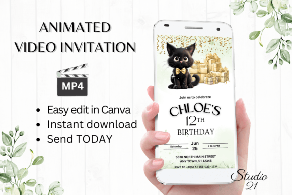 Download Cute Black Cat Birthday Invitation - Invitation Collection